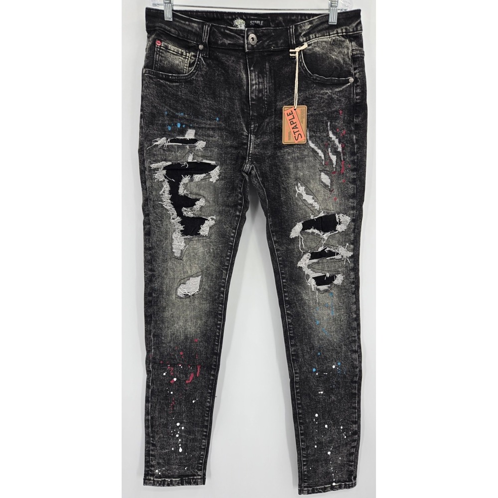 Staple Jeans Mens 34x34 Pigeon Work Clothes Black Distressed Skinny Stretch‎